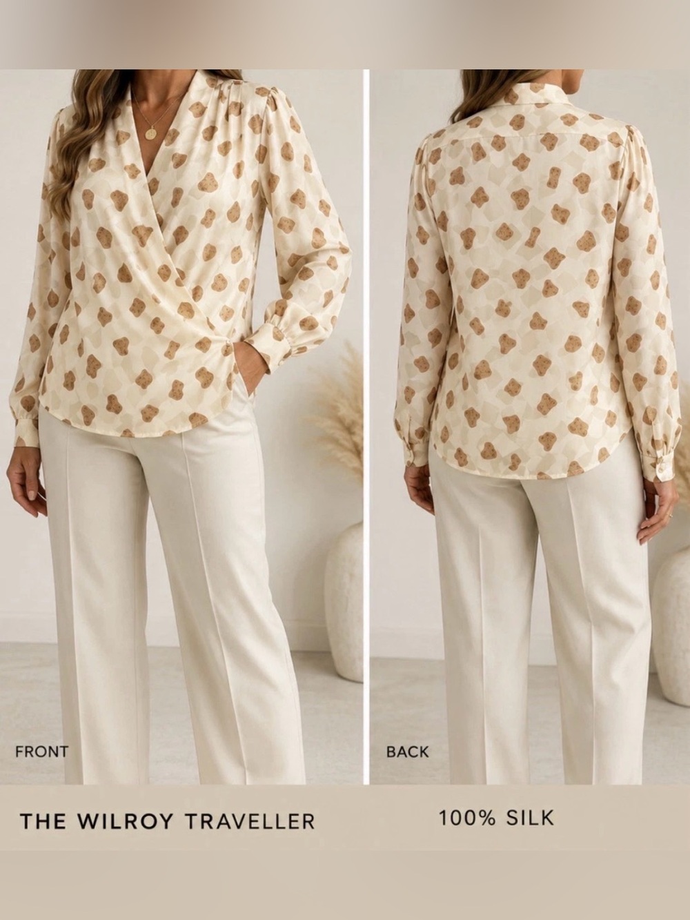 Vintage Wilroy Traveller 100% Silk Wrap Blouse Size 16 Ivory Tan. Vintage